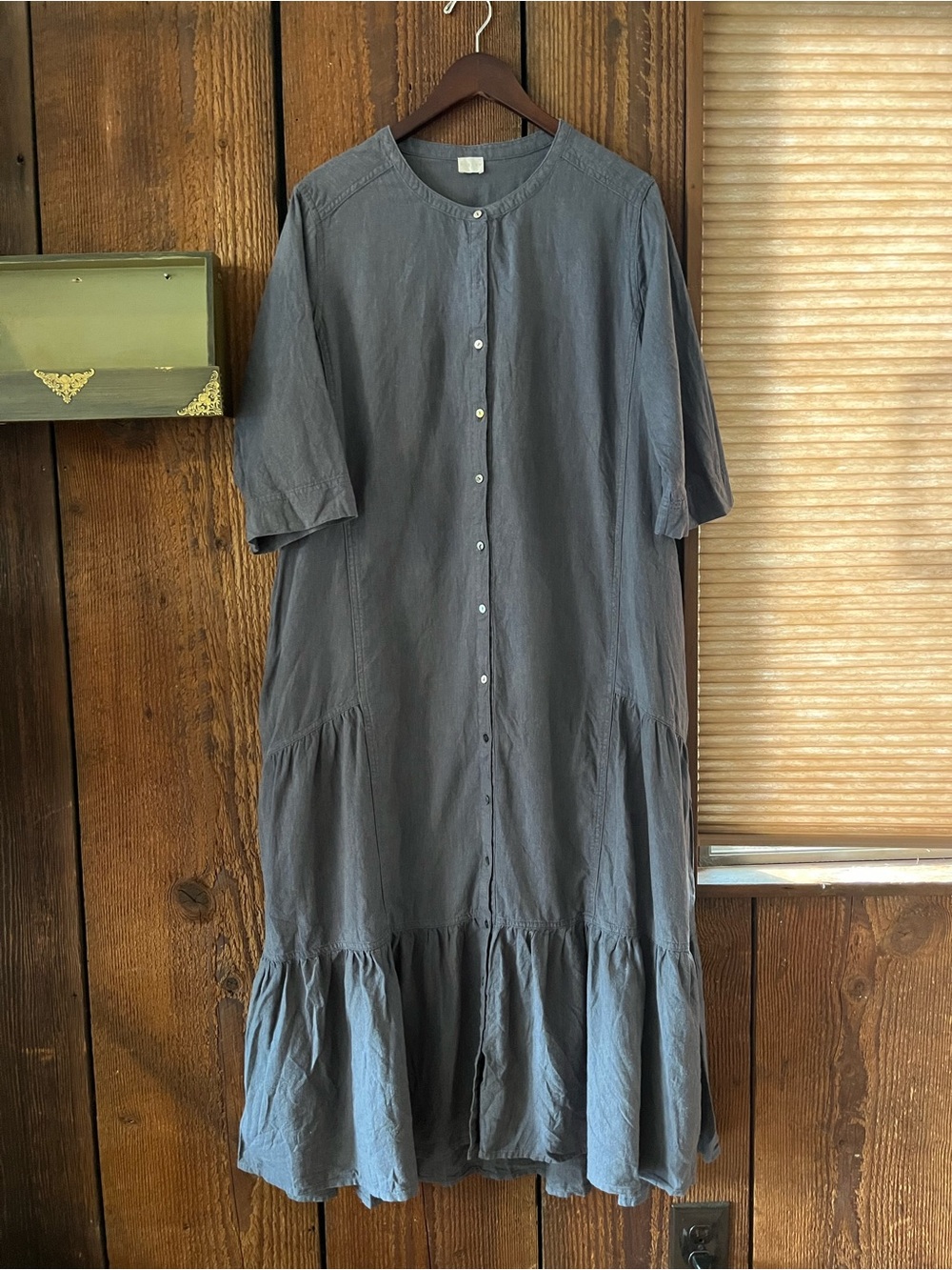 Poetry Gray/Blue Hemp/Cotton Button-Front Tiered Midi Dress - Women Size 14